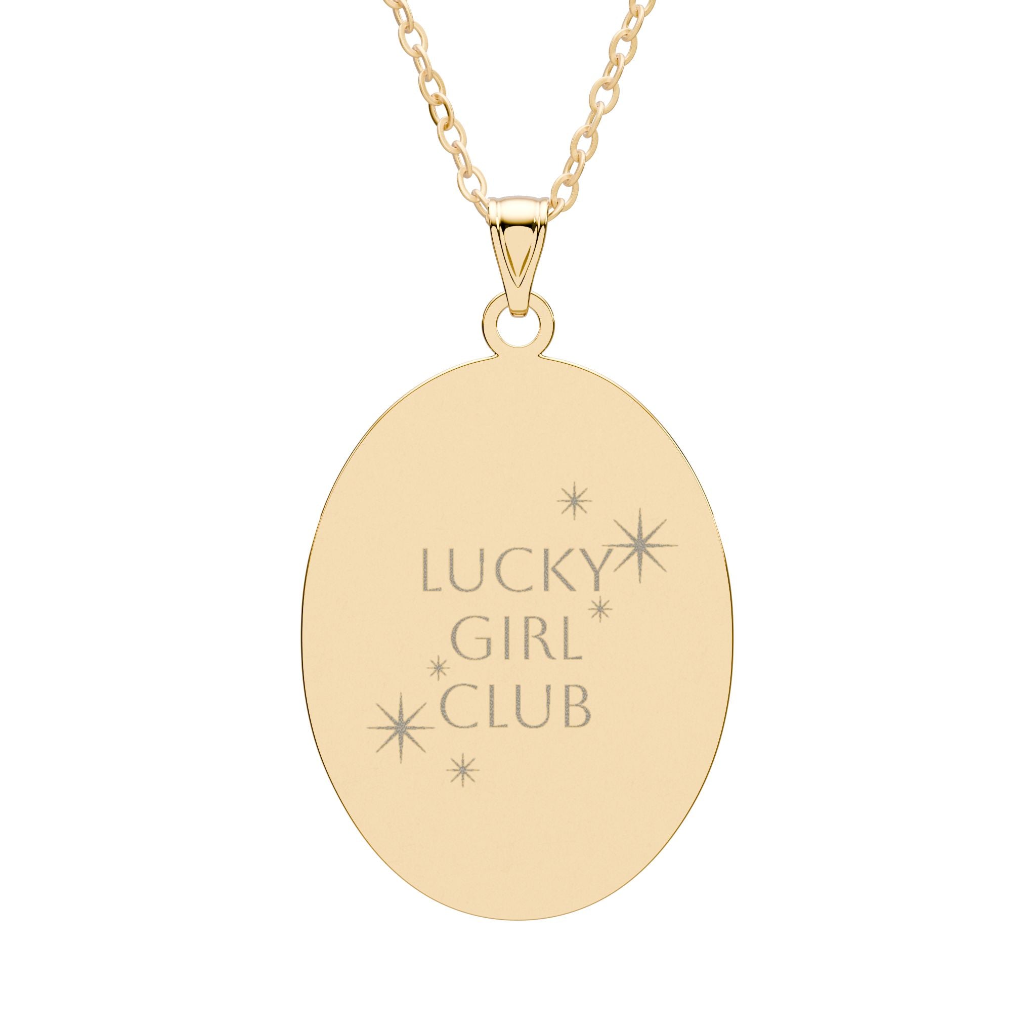 Lucky Girl Club Oval Pendant Necklace — Engraved Gold or Silver Charm